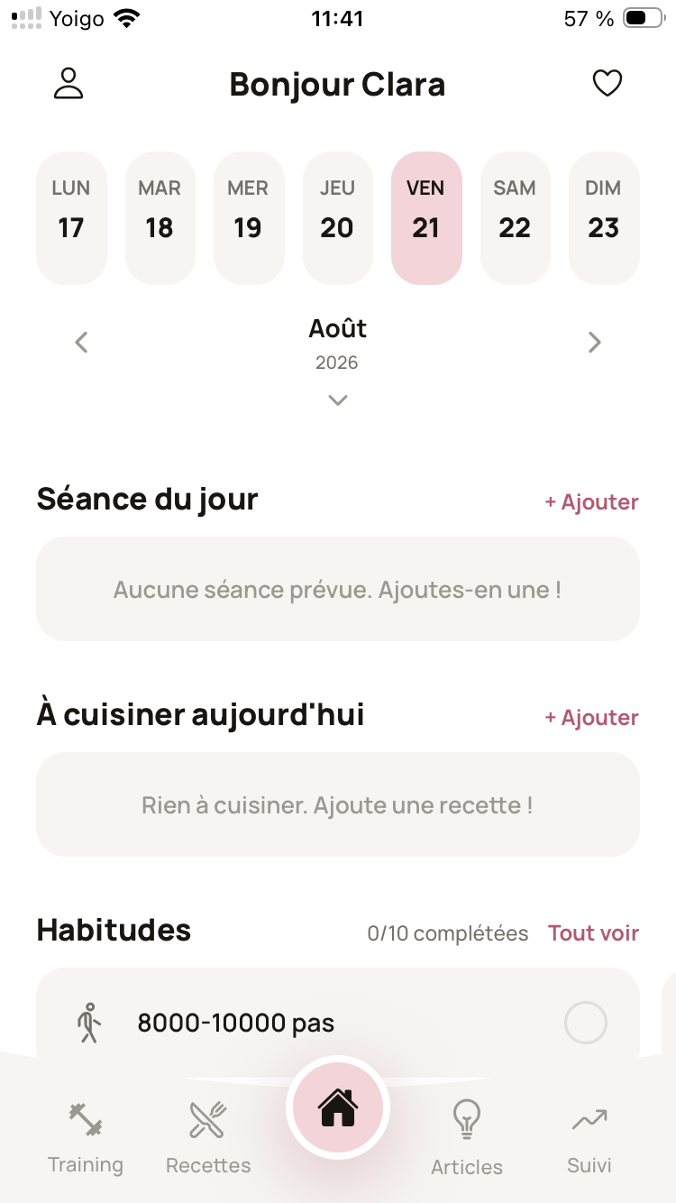 Tableau de bord de l'application Nodi avec séance du jour, recettes et suivi des habitudes